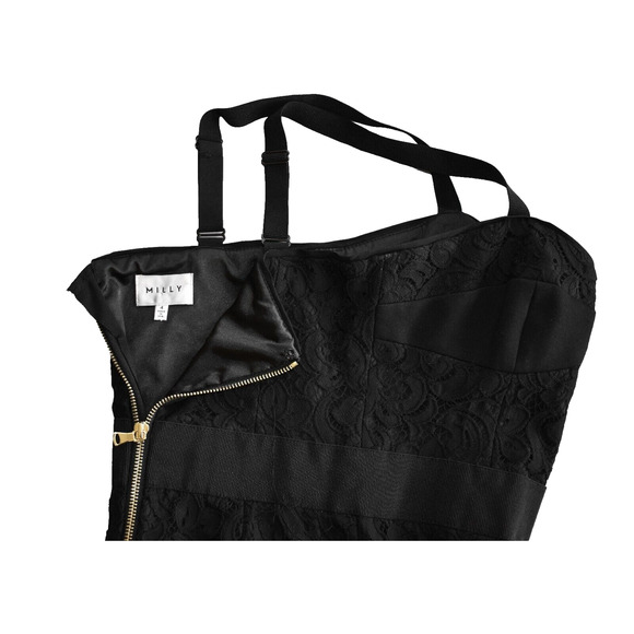 B0 Auth MILLY Black Lace Goldtone Back Zipper Elastic Straps Dress Size 4 - Picture 3 of 4